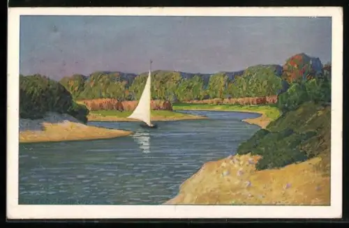 Künstler-AK Meissner & Buch (M&B) Nr. 2228: Segeljolle auf einem Gewässer