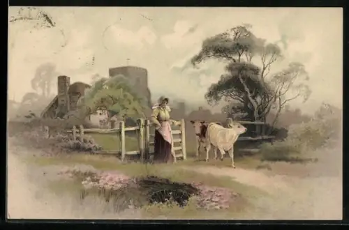 Künstler-AK Meissner & Buch (M&B) Nr. 1355: Frohes Schaffen in freier Natur, Rinderhirtin