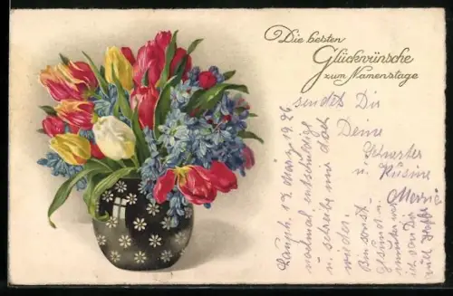 Künstler-AK Meissner & Buch (M&B) Nr. 2580: Tulpenstrauss, Namenstagsgruss
