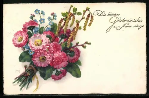 Künstler-AK Meissner & Buch (M&B) Nr. 3144: Bunter Strauss mit Troddeln, Namenstagsgruss