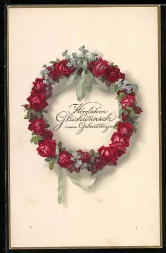 Künstler-Lithographie Meissner & Buch (M&B) Nr. 2251: Glückwunsch zum Geburtstage, Rosenkranz