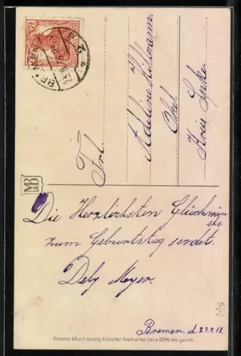 Künstler-AK Meissner & Buch (M&B) Nr.: 2294, Lavendelstrauss mit Schleife