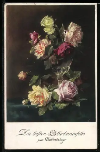 Künstler-AK Meissner & Buch (M&B) Nr.: 2385, Rosen im Glas, Geburtstagskarte