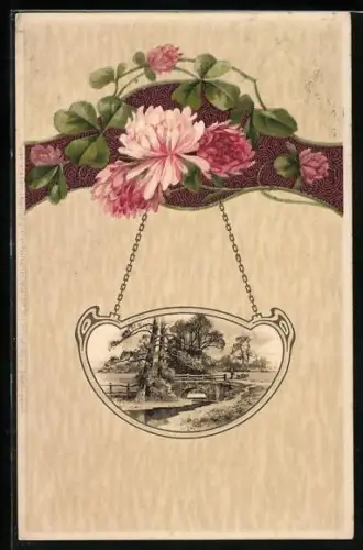 AK Blühender Klee und Landidyll mit Brücke