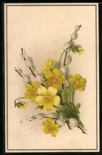 Künstler-AK Meissner & Buch (M&B) Nr. 1505: Kätzchenzweige mit Primeln