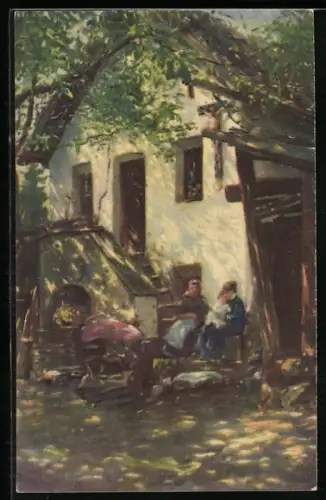 Künstler-AK Meissner & Buch (M&B) Nr.2500: Familie sitzt vor dem Haus