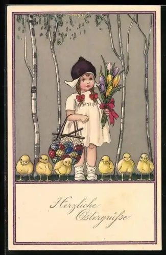 Künstler-AK Meissner & Buch (M&B) Nr. 2585: Mädchen mit Ostereiern und Küken, Ostergruss