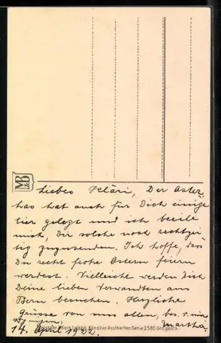 Künstler-AK Meissner & Buch (M&B) Nr. 2585: Mädchen mit Ostereiern und Küken, Ostergruss