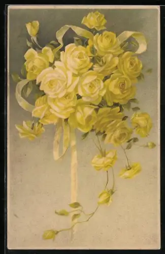 Künstler-AK Meissner & Buch (M&B) Nr. 1443: gelbe Rosen im Strauss mit Schleifenband