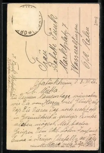 Künstler-AK Lia Döring: Kleines Paar unter einem Schirm präsentiert Tulpen, Namenstag