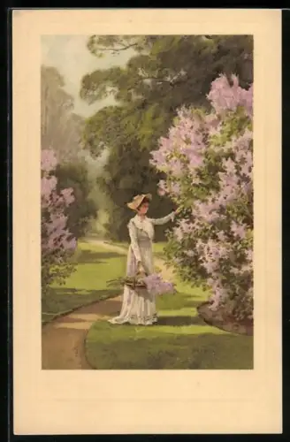 Künstler-AK Meissner & Buch (M&B) Nr. 1672: Gang durch den Park, Frau sammelt Blüten