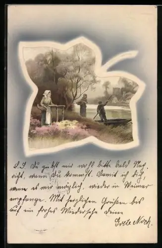 Künstler-AK Meissner & Buch (M&B) Nr. 1569: Junge im Boot am Ufer im Laubblatt, Passepartout