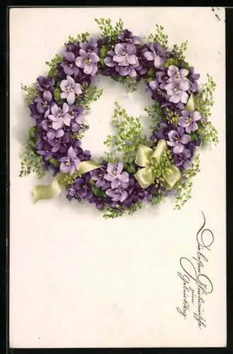 Künstler-AK Meissner & Buch (M&B) Nr. 2516: Kranz aus Veilchen mit Schleife, Geburtstagsgruss