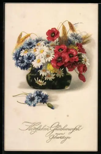Künstler-AK Meissner & Buch (M&B) Nr. 2250: Vase mit Margeriten und Mohnblumen, Geburtstagsgruss