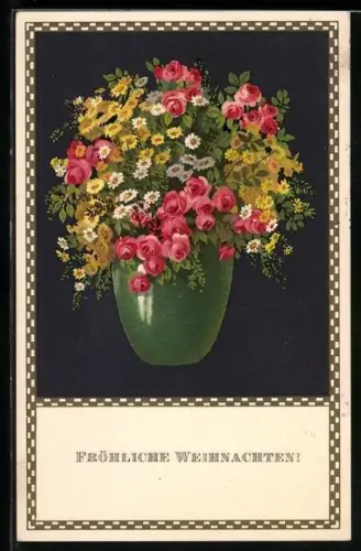 Künstler-AK Meissner & Buch (M&B) Nr. 1850: Vase mit Margeriten und Rosen, Weihnachtsgruss
