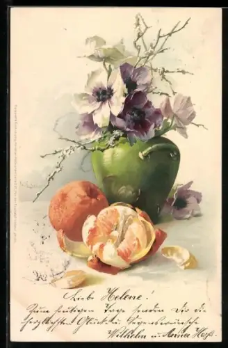 Künstler-AK Catharina Klein: Früchte neben einer grünen Vasen mit Stiefmütterchen