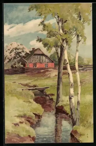 Künstler-Lithographie Meissner & Buch (M&B) Nr. 1308: O Sonnenschein, Landhaus und Birken