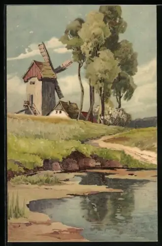 Künstler-AK Meissner & Buch (M&B): Ortsansicht mit Mühle