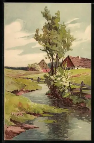 Künstler-AK Meissner & Buch (M&B) Nr.1308: Dorfansicht mit Bachlauf