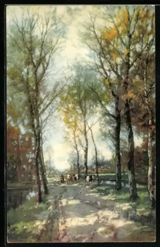 Künstler-AK Meissner & Buch (M&B) Nr.2753: Herbstsonne, Bäuerin treibt Kühe über die Strasse