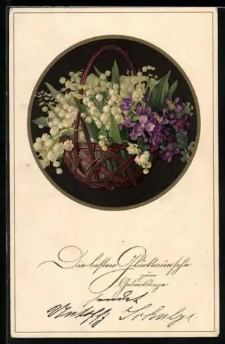 Künstler-AK Meissner & Buch (M&B) Nr. 2274: Korb mit Maiglöckchen und Veilchen, Geburtstagsgruss