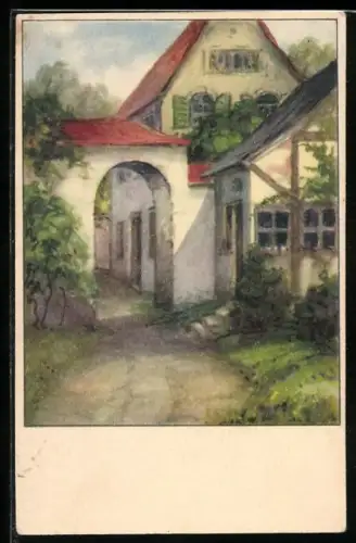 Künstler-AK Meissner & Buch (M&B) Nr.2399: Grüss Gott, tritt ein!, Eingang zum Haus