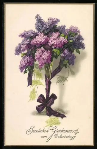Künstler-AK Meissner & Buch (M&B) Nr. 2258: Strauss aus Flieder, Geburtstagsgruss