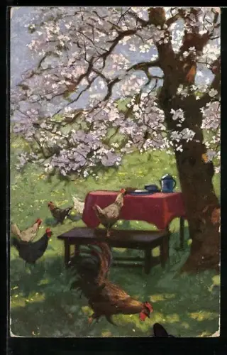 Künstler-AK Meissner & Buch (M&B) Nr. 1771: Hühner am Gartentisch