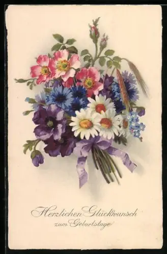 Künstler-AK Meissner & Buch (M&B) Nr. 2464: Strauss aus Margeriten und Kornblumen, Geburtstagsgruss