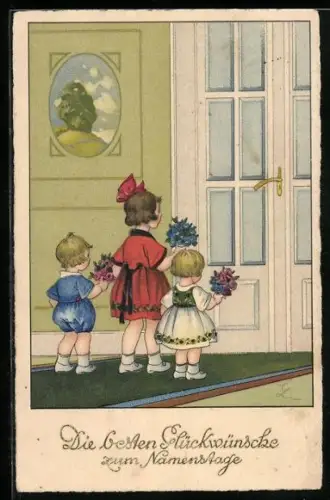 Künstler-AK Meissner & Buch (M&B) Nr. 2883: Drei Kinder mit Blumen vor der Tür, Glückwunsch zum Namenstag