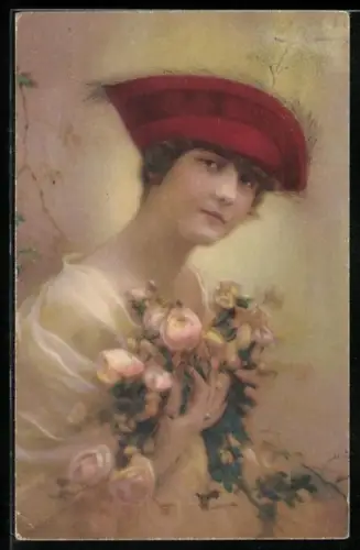 Künstler-AK Meissner & Buch (M&B) Nr.2526: Junge Frau mit Rosen im Arm