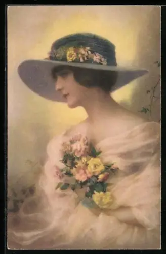 Künstler-AK Meissner & Buch (M&B) Nr. 2526: Dame mit Sommerhut und Blumen