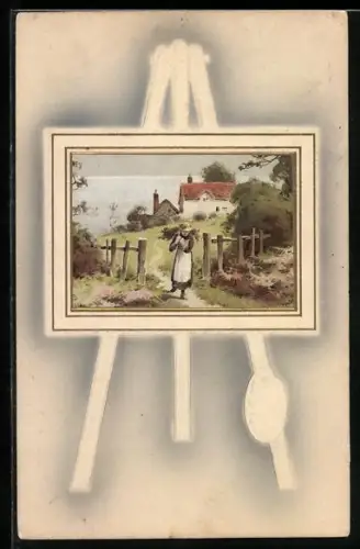 Künstler-AK Meissner & Buch (M&B) Nr. 1636: Bäuerin bei der Arbeit in Staffelei, Passepartout