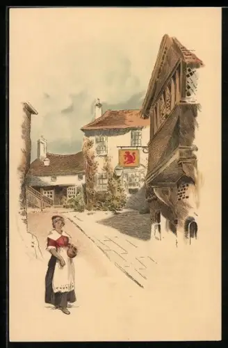 Künstler-AK Meissner & Buch (M&B) Nr. 1864: Frau mit Krug vor Gasthaus