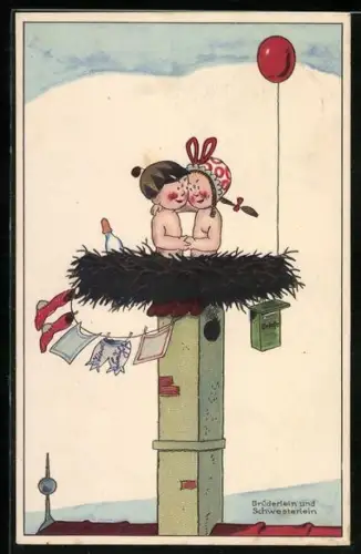 Künstler-AK Meissner & Buch (M&B) Nr. 2444: Brüderlein und Schwesterlein im Storchennest