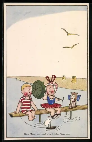 AK Zwei Kinder mit Hund auf einem Steg, Des Meeres und der Liebe Wellen