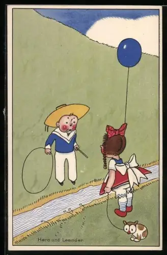 Künstler-AK Meissner & Buch (M&B) Nr. 2444: Hero und Leander, zwei Kinder stehen sich am Bach gegenüber