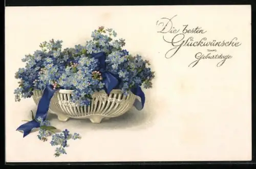 Künstler-AK Meissner & Buch (M&B) Nr. 2286: Schale mit Vergissmeinnicht, Geburtstagsgruss