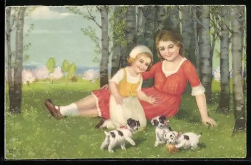 Künstler-AK Meissner & Buch (M&B) Nr. 3904: Junge Frau und Mädchen spielen mit Hunden