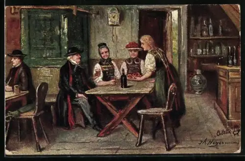 AK Schwarzwälder in Tracht in einem Gasthaus