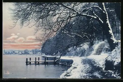 Künstler-AK Raphael Tuck & Sons Nr. 902: Uferpartie im Schnee
