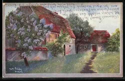 Künstler-AK Raphael Tuck & Sons Nr. 019: Gehöft mit blühendem Fliederstrauch