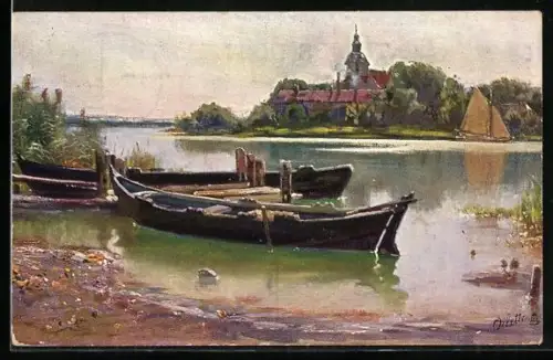 Künstler-AK Raphael Tuck & Sons Nr.589 B: Boote am Ufer mit Blick zum Ort