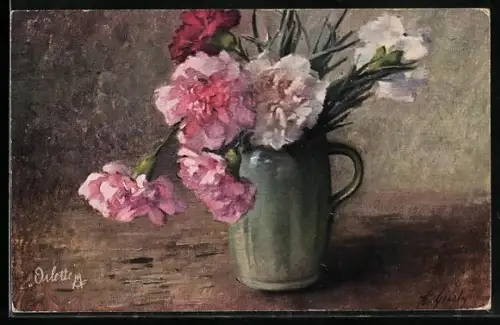 Künstler-AK I. Ginsto: blühende Nelken in einer Vase