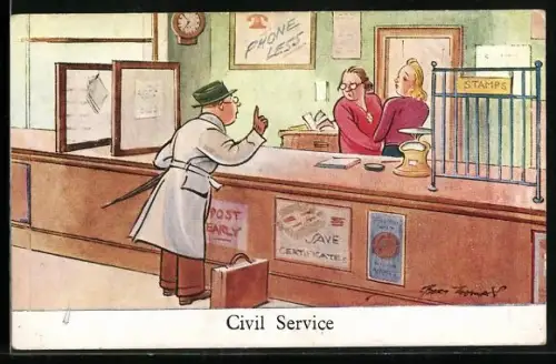 Künstler-AK sign. Bert Thomas: Mann wartet im Postamt auf eine Mitarbeiterin