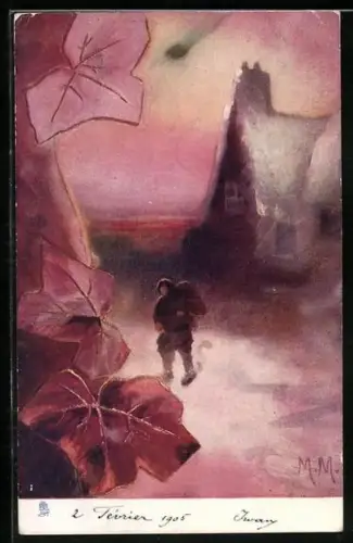 Künstler-AK Raphael Tuck & Sons Nr. 596: Verschneites Bauernhaus im Abendlicht