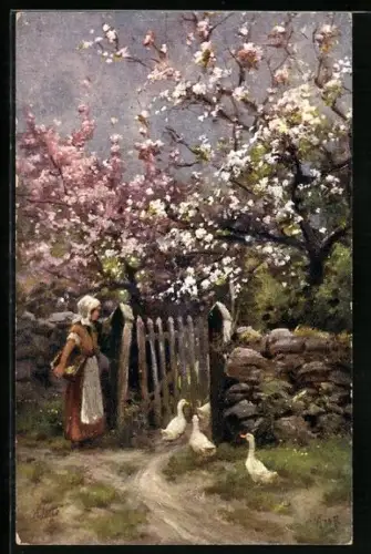 Künstler-AK Raphael Tuck & Sons Nr.9638: Junge Frau treibt Enten auf den Hof