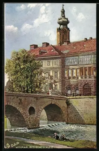 Künstler-AK Weimar / Thüringen, Brücke zum Residenzschloss