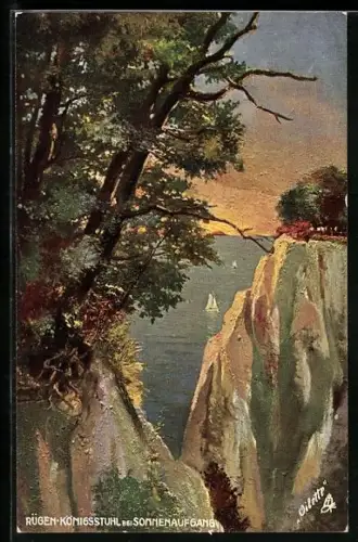 Künstler-AK Königsstuhl / Rügen, Panorama bei Sonnenaufgang