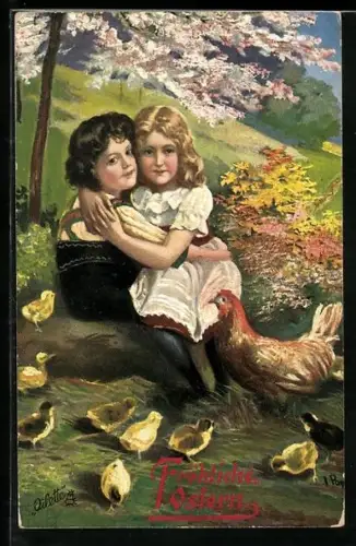 Künstler-AK Raphael Tuck & Sons Nr. 261: Kinder mit einer Schar Küken im Frühling